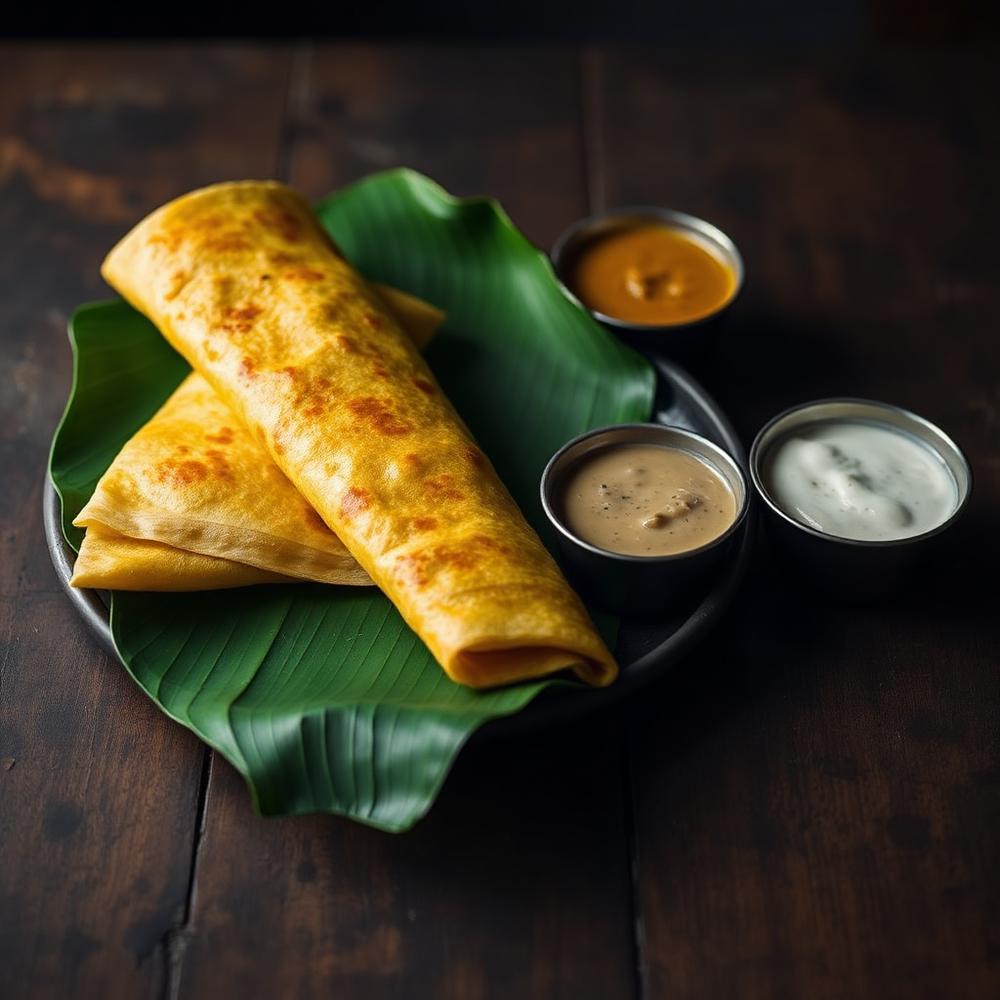 Crisp masala dosa with coconut chutney and sambar