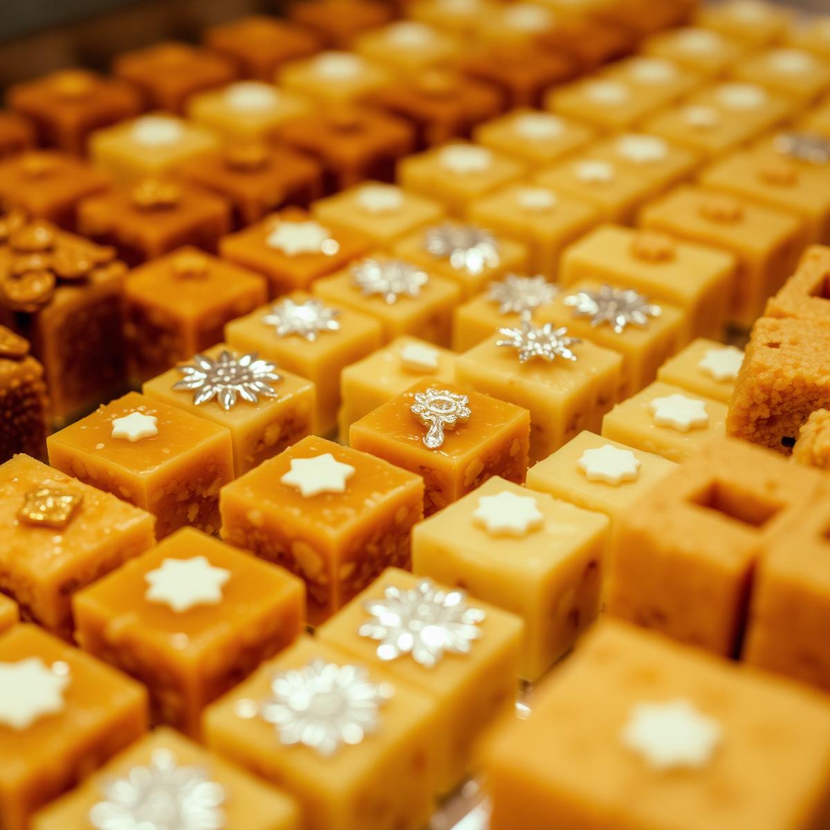 Silver-leafed kaju katli and barfi on the mithai counter