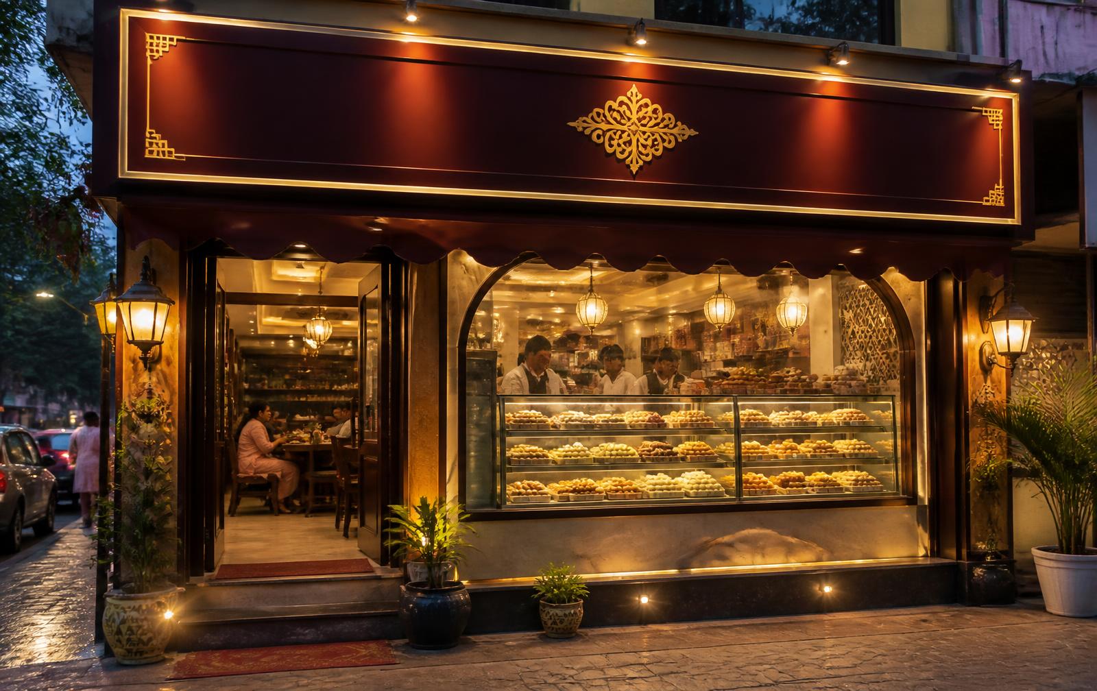 Sweets shop storefront at dusk